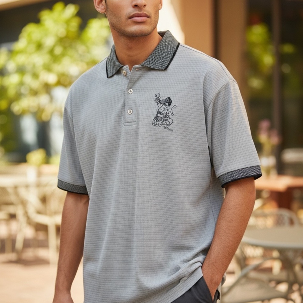 Vintage Golf Polo Shirt Mens Large Gray Textured Embroidered Cartoon Made USA